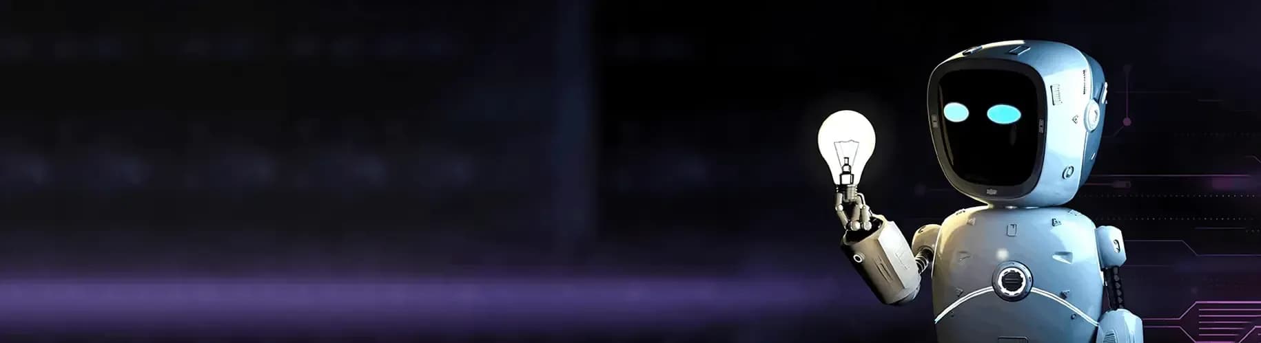 A small, silver and black robot with glowing blue eyes holds a bright lightbulb.